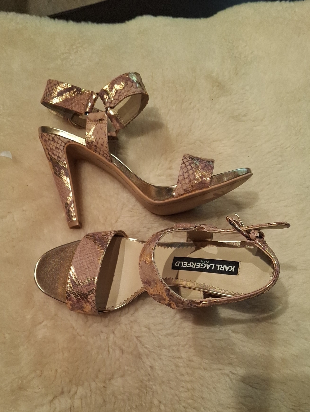 Karl Lagerfeld Rose Gold Snake-Print High Heel Sandals